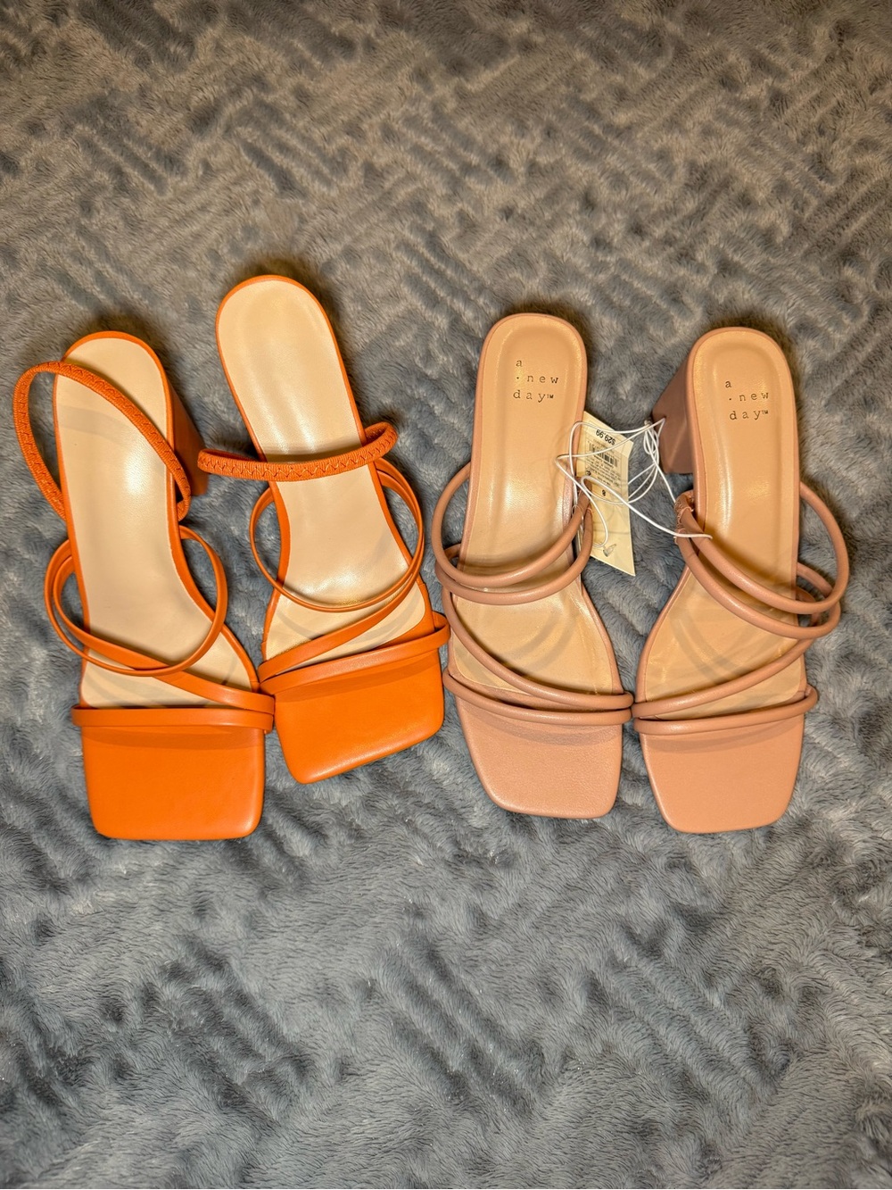 2-Pairs Strappy Square-Toe Sandals in Orange and Nude